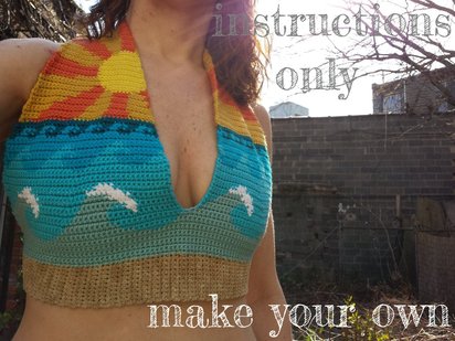INSTRUCTIONS ONLY - Crochet your own Beach Scene Bikini Top - Ocean Endless Summer Waves Sunshine festival sexy halter sun Pattern Download