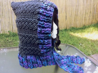 Celestial Galaxy Nebula Braided Cables Hood with Scarf Warm Vegan Gray Purple Aqua Blue Scood Cozy Winter Crochet Cabled Scoodie